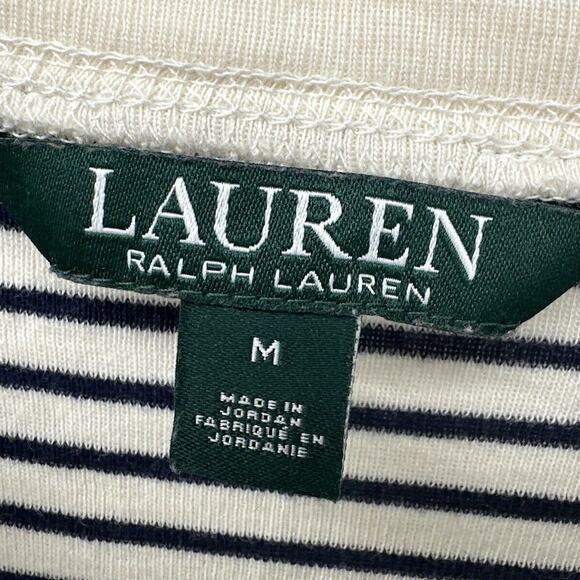 Lauren Ralph Lauren Shirt Womens Medium Cream Blue Stripe Faux Suede Detail - Picture 2 of 8